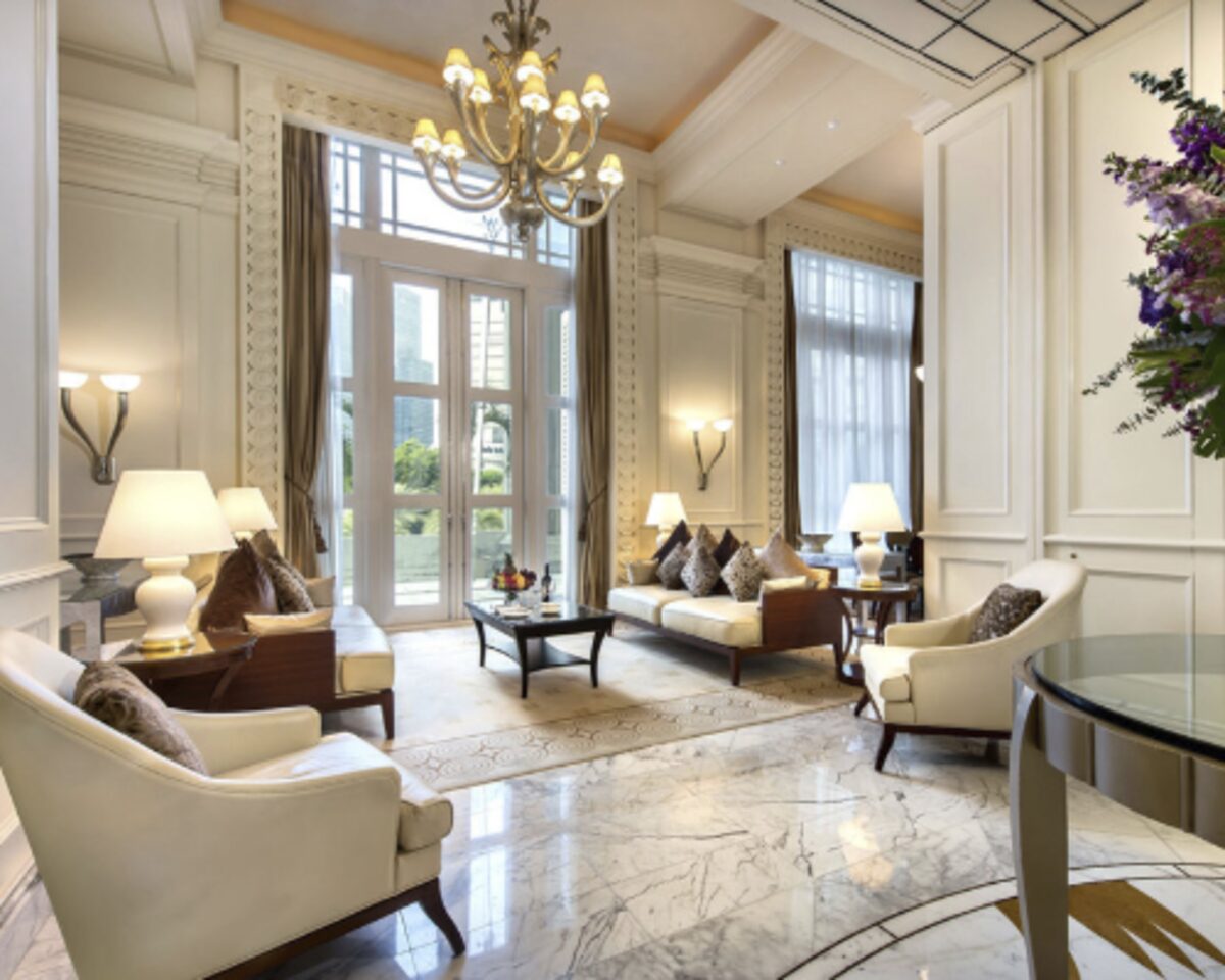 Elegant retreat lobby with warm lighting